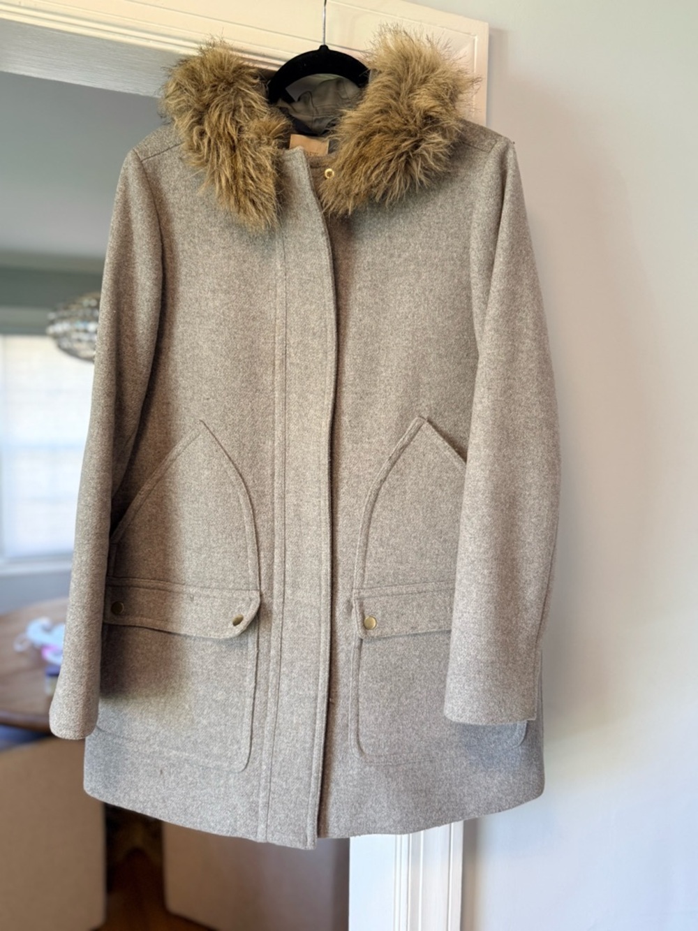 J. Crew Cream Wool-Blend Pea Coat with Faux-Fur Hood Trim